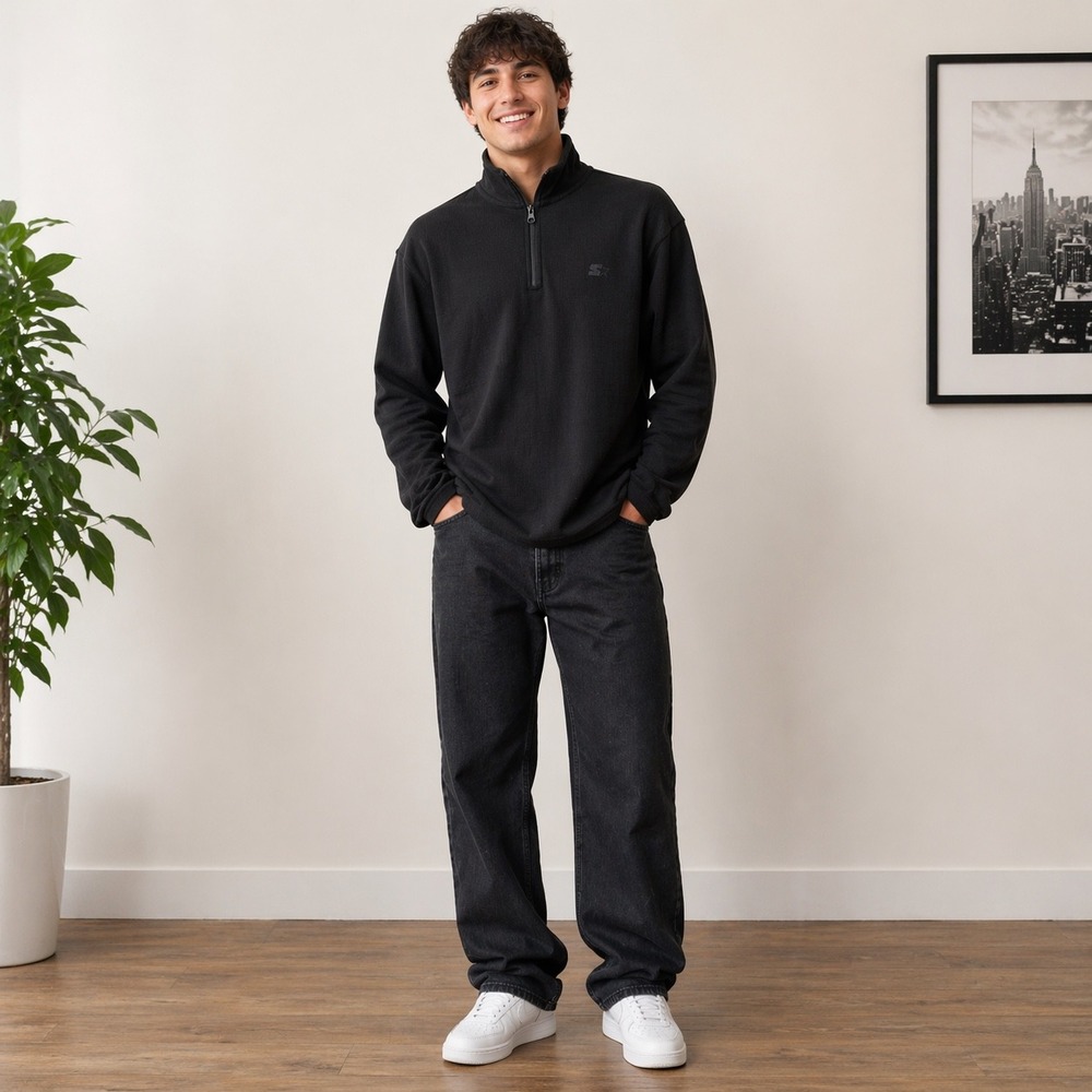 Vintage Starter Black Quarter‎ Zip Pullover Fleece Minimalist Normcore Cozy SZ L